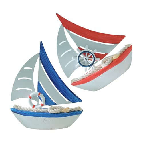 Cabilock Modelo de Madera de 2 Piezas Decoración Náutica Mediterránea para Hogar y Oficina Barco Salvavidas Azul y Timón Rojo Accesorio Vintage para Estanterías y Fiestas Temáticas