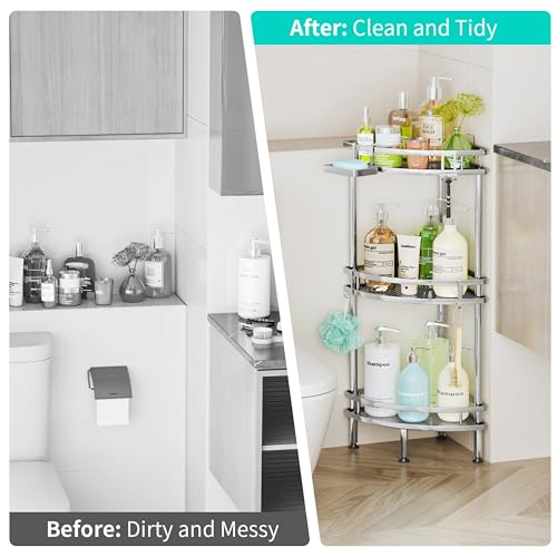 Image of HapiRm Standing Corner Shower Caddy - 3 Tier Shower Organizer Corner with Soap Holder and 4 Hooks, Rustproof Bathroom Storage Shelves with Adhesives, Silver