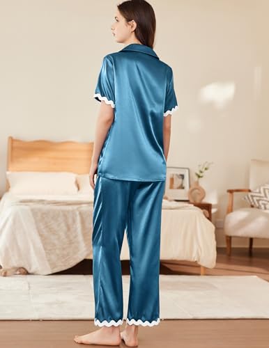 Image of Ekouaer Womens Silk Satin Pajamas Set Button Down 2 Piece Pjs Short Sleeve Long Pants Sleepwear Lounge Set, S-XXL