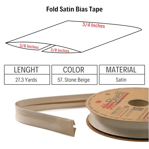 Image of Fold Satin Bias Tape - 99+ Colors - 3 /4 Inches Wide - 27 Yards - Fold Satin Binding Bias Ribbon Fabric Piping Bias Binding Tape for Sewing Clothing DIY (57. Stone Beige) BYS57