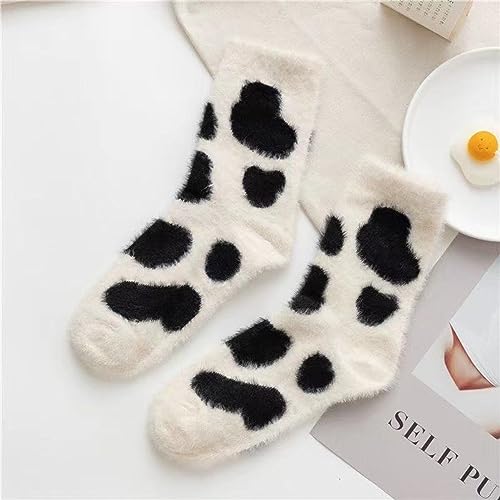 Cute Cow Fuzzy Socks, Women Warm Winter Slipper Socks, Soft Casual Socks, Cozy Fluffy Socks, Sleeping Thickened Plush Crew Socks for Home, Outside, 2 Pairs, Size 5-94