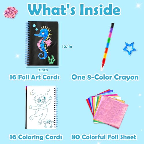 Image of FUNNYB&G Foil Art Craft Kit for Kids 4-10 Years Old: Mess-Free & No-Glue, Create 16 Sparkly Ocean Pictures - Perfect Travel Toy & Birthday Gift for Kids (Ocean)