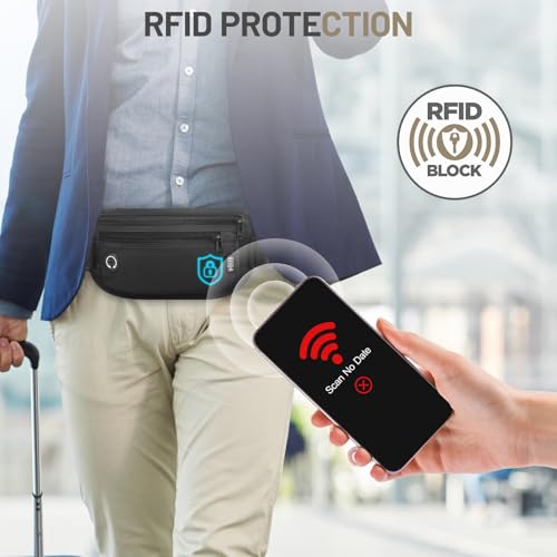 GlasFlength Flache Bauchtasche mit RFID Blocker, Diebstahlsicher Geldgürtel für Damen und Herren wasserdichte Tasche für Reisepass Diebstahlsichere Gürteltasche für Reise Sport (Schwarz)