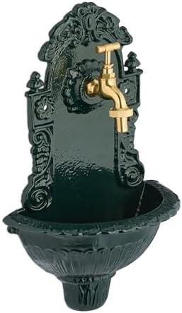 Relaxdays Wall Water Fountain, with Tap, Antique, Garden Sprinkler, Cast Aluminum, 40×24.5x15cm, Green/Gold