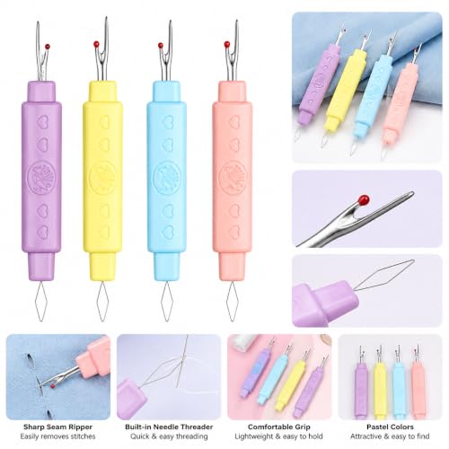 Image of Seam Ripper 3pcs Big Tool Set Piece Sewing Accessories Kit for Stitch Removal | Thread Cutting | Ideal for Sewing, Tailoring, DIY Projects | Stainless Steel Blades with Comfort Grip Handles (4, 2 in 1 Seam Ripper = 4pcs)