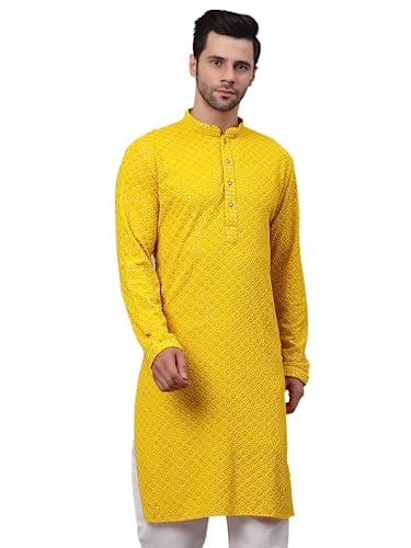 Image of Jompers Men's Regular Fit Cotton Chikankari Embroidered and Sequence Kurtas