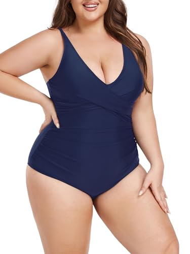 Ocean Blues Women's Plus Size Tummy Control One Piece Bathing Suit Punging Neckline One Piece Swimsuit Ruched Swimwear