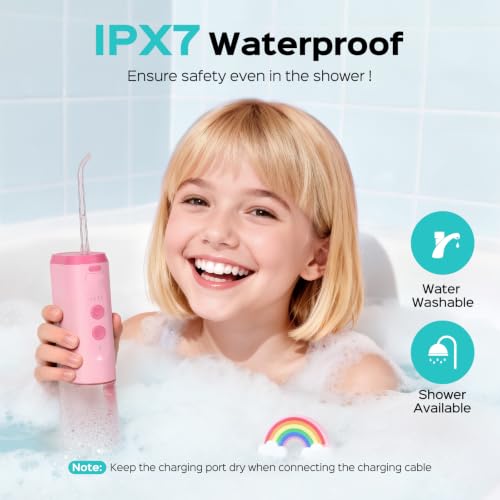 Image of COSLUS T40 Portable Water Flosser for Kids, Compact Mini Design for Ages 6+ | 4 Gentle Modes for Braces & Sensitive Teeth, Fun DIY Stickers, 4 Storable Nozzles, Home School & Travel, IPX7, BPA-Free, Pink