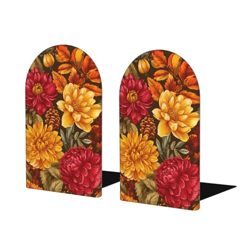 Yellow Orange Red Autumn Flowers Vintage Bookends For Shelves 2 Pcs Wooden Book Stopper Organizer For Home Office Libraries