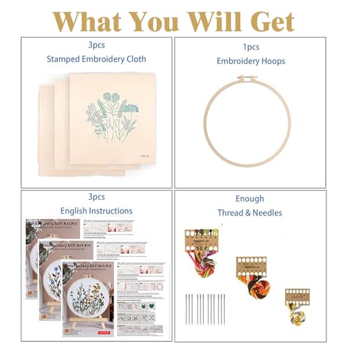 Image of GLTAYLMY Flower Embroidery Kit for Beginners with Pattern and Instructions,3 Pack Cross Stitch Kits,1 Plastic Embroidery Hoops,Threads and Needles,Needlepoint Kit for Adults