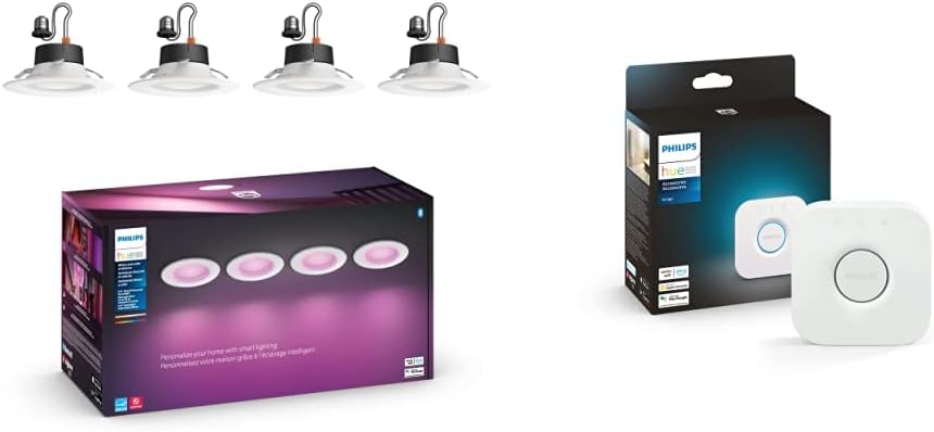 Philips Hue White and Color Ambiance Extra Bright Dimmable Recessed LED Smart 6" Downlight (4 Pack) Bridge