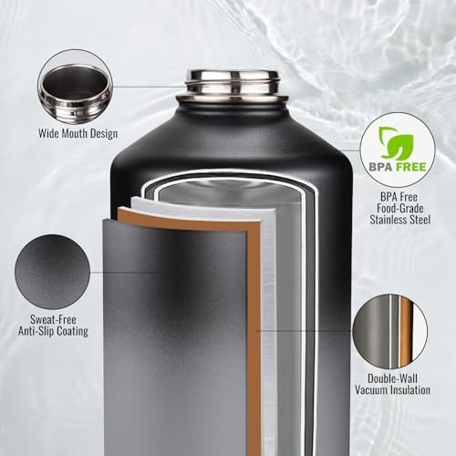 Image of Fijinhom Gallon Water Bottle with 2 Lids (Straw & Spout), 304 Stainless Steel Water Jug with Handle and Wide Mouth, 1 Gallon Vacuum Double Walled Jug for Sports, Outdoors, Black /Gray, 128 oz