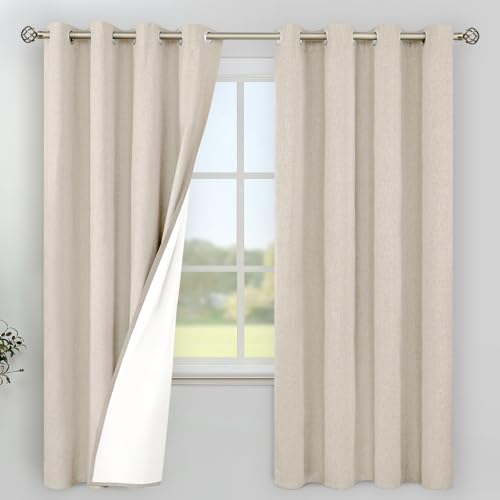 Image of YoungsTex Oatmeal Linen 100% Blackout Curtains 68 Inch Length for Bedroom, Full Room Darkening Thermal Insulated Drapes with Grommet Heat Blocking for Short Living Room, 2 Panels, 52 X 68 Inch