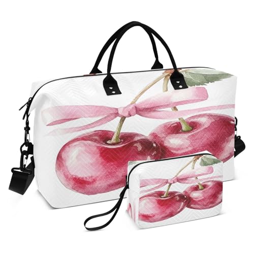 Watercolor Cherry Fruit Travel Duffel Bag Large Capacity Weekender Bag with Toiletry Bag Detachable Shoulder Strap Travel Tote Bag for Women