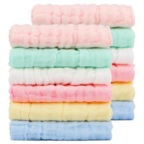 Image of Orighty Muslin Baby Washcloths Pack of 12 - Soft Face Cloths for Newborn, Absorbent Baby Bath and Face Towels, 100% Cotton Babies Wipes, Burp Cloths, Feeding Towels for Babies and Infants - 10 x 10’’
