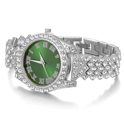 Image of Halukakah Diamonds Gold Watch Iced Out, Kid's 18K Real Gold /Platinum White Gold Plated 36MM Width Green /Blue /Red Dial Quartz Wristband 8 inch with Cuban Link Chain 7 inch+16 inch Bracelet, Free Giftbox
