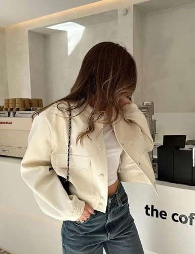 Womens Cropped Baseball Jackets Casual Button Down Bomber Varsity Jacket Coats Outerwear with Pockets2