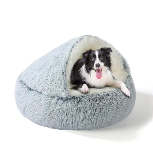 SUOXU 2-in-1 Dog Bed: Upgraded Aluminum Rim Support & Non Slip Bottom - Cozy Cave + Blanket for Large Medium Dogs Under 20 kg (44 lbs) | Plush Self-Heating for Border Collie Labs