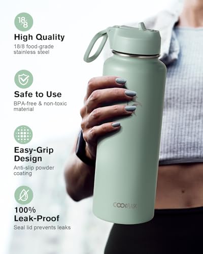 Image of Coolflask 40 oz Water Bottle Insulated with Straw & 3 Leakproof Lids