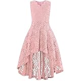 Girls Floral Lace Pink Dress Easter Bridesmaid Vintage Formal Cocktail Party Swallowtail Swing Dresses 7-14 Years(Pink Lace,13-14T)