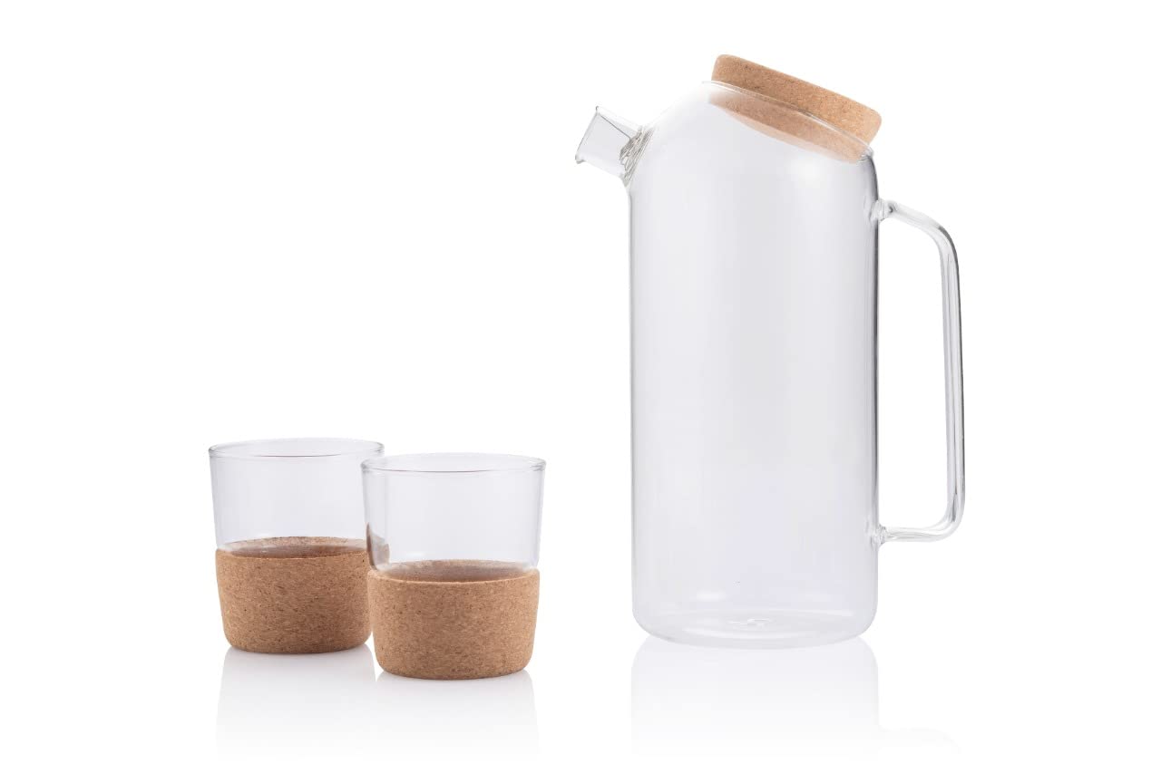 Hans Larsen Carafe set | Glass Carafe pitcher with cup | Decanter set 1.8L glass jug with cork lid and Tumbler 240ml each