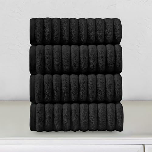 Image of Elegant Comfort Luxury 100% Turkish Cotton Corduroy Ribbed 4 Pack Hand Towel Set 16 x 28 Inch - Absorbent, Super Soft, Quick Dry, Premium Towels for Bathroom, Gym, Spa and Hotel Use, Black