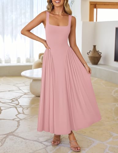 Image of ZESICA Womens 2026 Summer Sleeveless Square Neck Sundress Casual Long Flowy A Line Beach Vacation Maxi Dresses