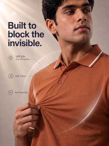 Image of NOBERO Men's Travel Polo T-Shirt | Premium Cotton Stretch Fabric | Anti-Odor & Water-Repellent | UPF 50+ Sun Protection | Regular Fit Polo Collar Casual Wear