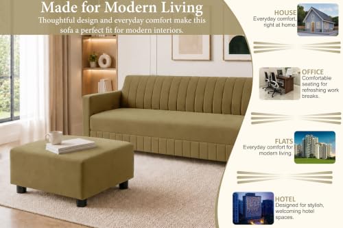 Image of Modern 3-Seater Velvet Sofa with Ottoman | Vertical Channel Tufted Backrest | Plush Cushioned Seating | Stylish Contemporary Sofa for Living Room, Bedroom & Office | Golden