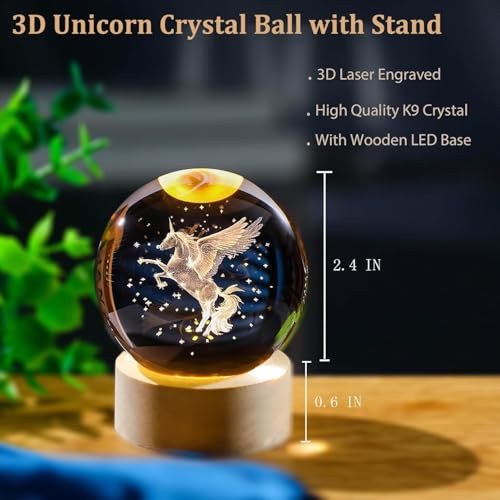 Image of 3D Galaxy Crystal Ball Night Light | Dimmable Engraved LED Glass Ball Table Lamp with USB and Wooden Base for Home Decor, Office, Birthday Gift & Kids Bedroom (Unicorn)