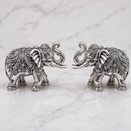 Image of KYAT Pure 999 Fine Silver Kamdhenu Cow with Calf Idol Elephant Pair (Elephant Pair - 2'')
