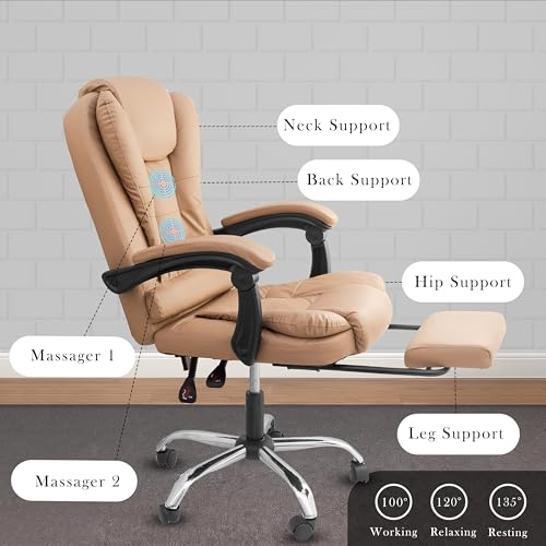 Image of Italia Leatherette Office Chair for Work | Boss Chair, Luxurious Cushioned Arms & Seat, 2 Point Back Massager, Adjustable Leg Rest, Heavy Duty Metal Base (Beige)