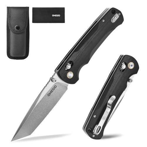 Omesio M-LB21 Tanto Klappmesser mit 14C28N-Stahlklinge, G10-Griff EinhandMesser, Leichtgewicht Zusätzlicher Nylon Scheide, Länge der ausgeklappten Klinge 8, 4 cm Ideal für Outdoor BBQ Camping