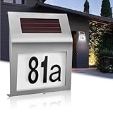ZCLIKEU Solar Hausnummer Beleuchtet Edelstahl – 2 LEDs für Außen mit Dämmerungsschalter & IP65 Wasserdicht, inklusive Nummern 0-9 & Buchstaben a-h, Ideal für Haus/Garage/Tor