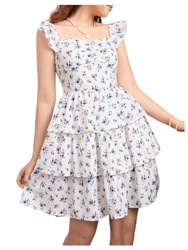 Girl's Floral Summer Dress Ruffle Shirred High Waist Ruched Sweetheart A Line Spring Dress Solid White 14Y4