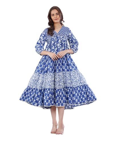 Image of SAVI Blue Cotton Lurex A Line Detailed Dress