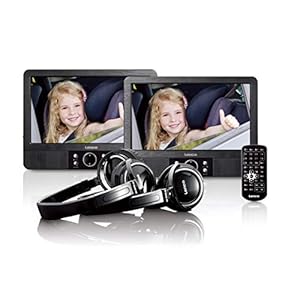 Lenco MES-415 Draagbare dvd-speler met dubbel scherm, USB en SD-aansluiting, 12 volt auto-adapter, afstandsbediening, 2 x hoofdsteunbevestiging, 2 x koptelefoon, zwart