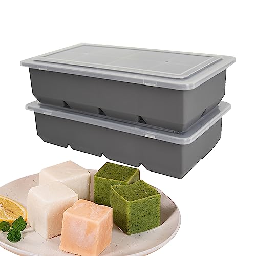 Silicone Ice Cube Tray with Lid- Pack of 2- Extra Large Ice Cube Mould - Easy Release Flexible BPA Free, Big Ice Cubes Perfect for Whiskey Spirits Cocktails Party Drinks, Food Freezer Trays (Gray)