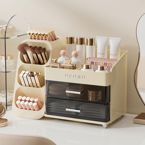 Image of UFORU Makeup Organizer for Vanity with Brush Holder, Large Capacity Bathroom Countertop Skincare Organizer with 2 Drawers, Cosmetic Display Case for Perfumes, Eyeshadow Palettes, Nail Polishes