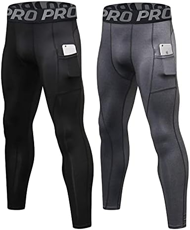 LANBAOSI Mens Compression Pants with Pockets Workout Leggings Running Tights Cool Dry Athletic Sports Gym Baselayer 2 Pack