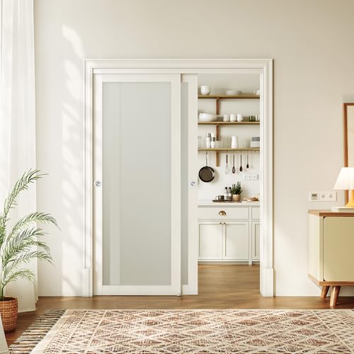 Smartstandard Sliding Closet Doors for 48" X 80" Opening,Full Lite Tempered Frosted Glass,Pre-Assembled MDF Panel with Hardware Kit,Easy to Install,Wh