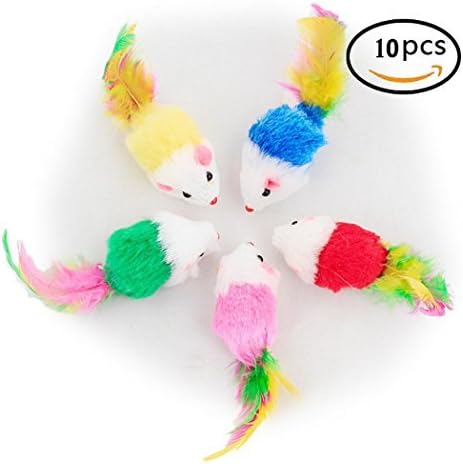 Dshengoo 10 PCS Colorful Fur Pet Cat Toys Mice Funny Rattle Artificial Mouse,Cat Catcher for Feather Tails,Soft and Durable for Cat or Pet