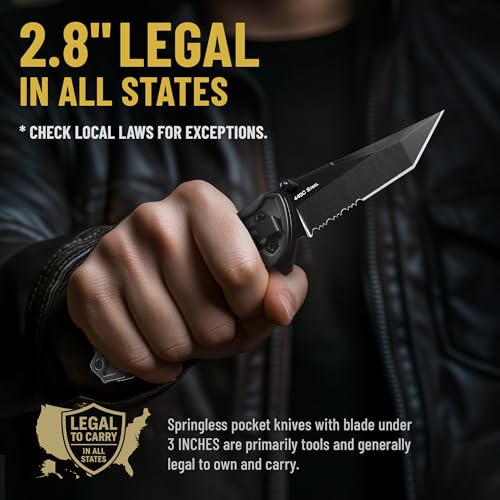 Image of 6.7 inch Compact Legal Pocket Knife with Bearing - 5 in 1 Knife - 2.8 inch Serrated Tanto Blade - with Glass Breaker & Seatbelt Cutter & Pocket Clip - Small Tactical Folding Knives for Men Women Hunting EDC Work 6620 B