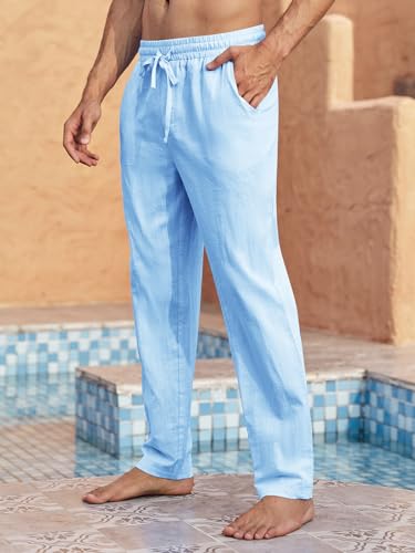 Image of PASLTER Mens Cotton Linen Pants Casual Summer Beach Pants Dress Trousers