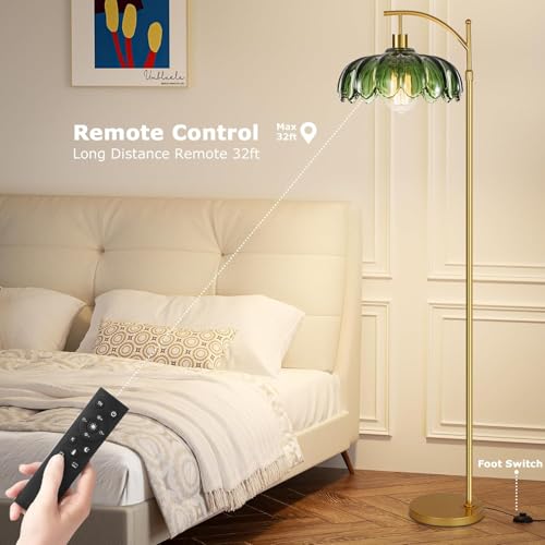Image of QIYIZM Glass Floor Lamp for Living Room,Bedroom,Gold Dimmable Standing Lamp with Remote,Mid Century Modern Brass Tall Lamp Boho Vintage Retro Floor Lamps Arc Green Flower Floor Light Lamp Bohemian