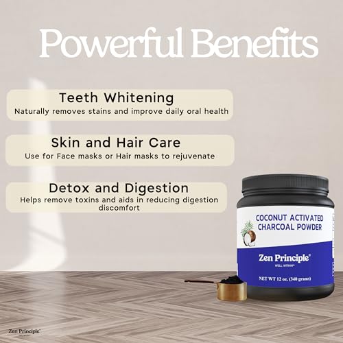 Image of Zen Principle Coconut Activated Charcoal Powder. Whitens Teeth, Rejuvenates Skin and Hair, Supports Better Digestion. USA-Owned Producers, Free Scoop, 12 Oz