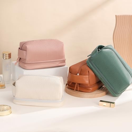 Makeup Bag, Large Double Layer Waterproof Travel Bag with Handle and Brush Compartment for Women (Cream)4