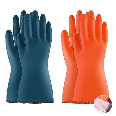 AMAZON - BOOMJOY PVC Cleaning Gloves with Lining, Heavy Duty Dishwashing Gloves, Reusable Large Gloves for Kitchen, Bathroom, Gardening, Working, Pet Care – Orange & Blue, 2 Pairs, Size L