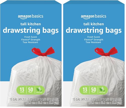 Image of Amazon Basics Flextra Strength Tall Kitchen Drawstring Trash Bags,Fresh Scent,Tear Resistant,13 Gallon,50 Count (Pack of 2)