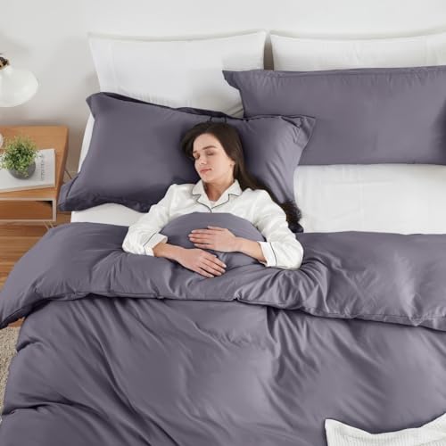 Image of Hearth & Harbor Queen 3-Piece Microfiber Duvet Cover Set, Grayish Purple, Soft Brushed 90x90 inches with Button Closure, 2 Pillow Shams | Soft Double Brushed Bedding Set, Button Closure, 1 Duvet Cover 90x90 Inches, 2 Pillow Shams